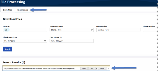 The Remittances tab displays filter fields for searching Download Files; in the Search Results, users can indicate if they want to open the file or not on their computer in the pop-up banner.